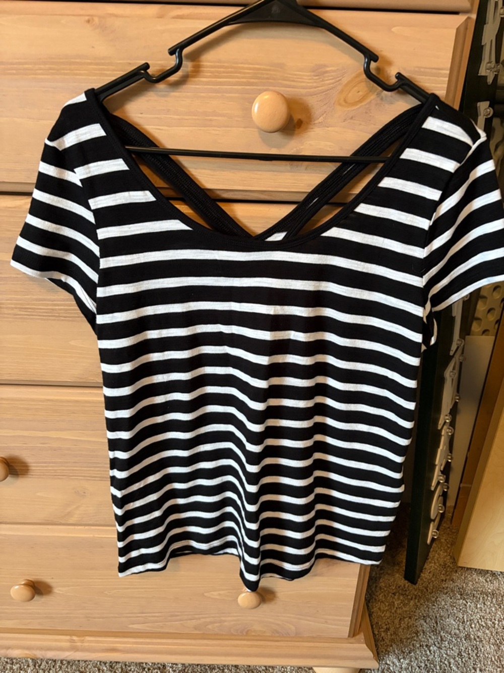 White House Black Market Black & White Striped V-Neck Tee with Crisscross Back
